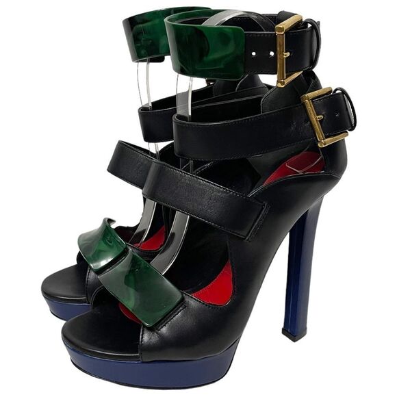 NWOB ALEXANDER MCQUEEN French Gloss Leather Marbled Plexi Platform Buckle Heels - Picture 5 of 15